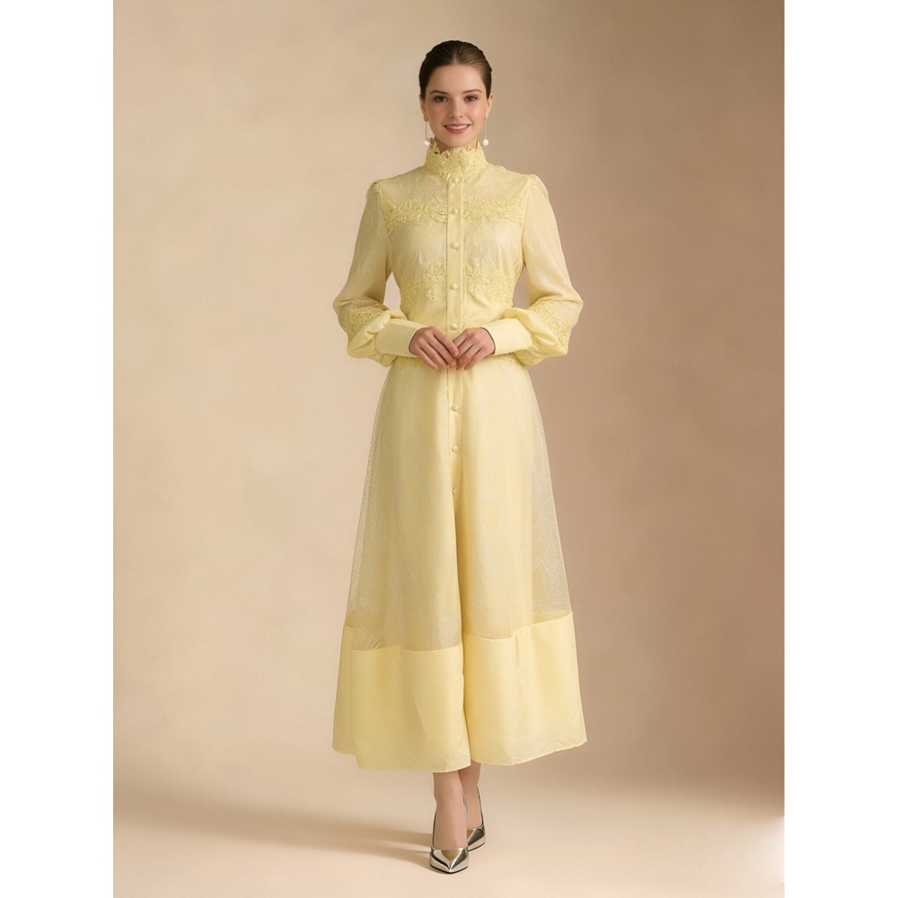 Lace frenum spring splice cstand collar long dress