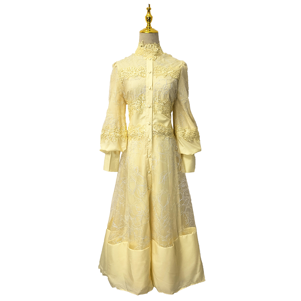 Lace frenum spring splice cstand collar long dress