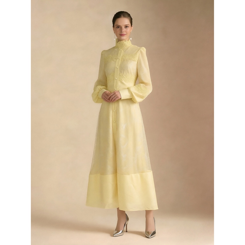 Lace frenum spring splice cstand collar long dress