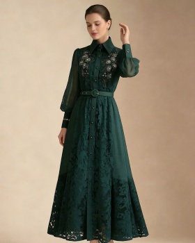 Splice style lace spring elegant lapel long dress