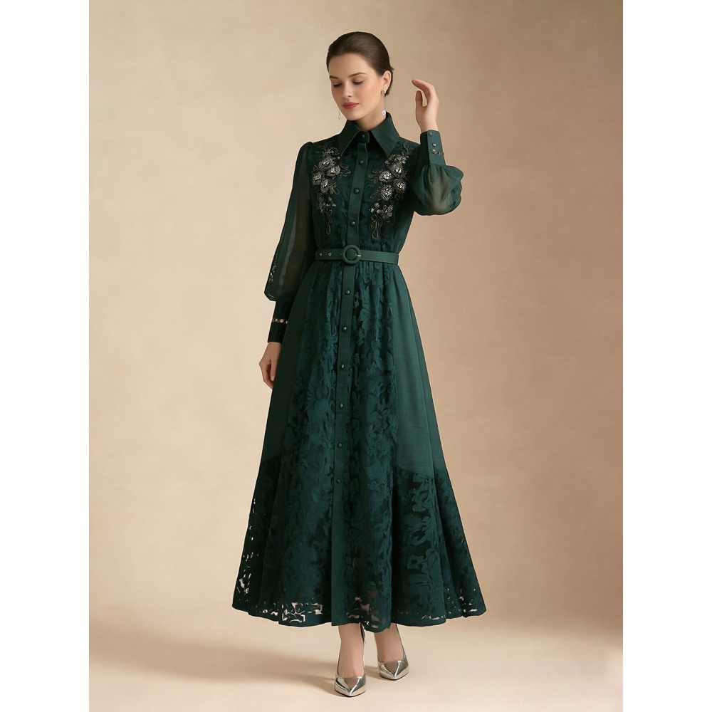 Splice style lace spring elegant lapel long dress