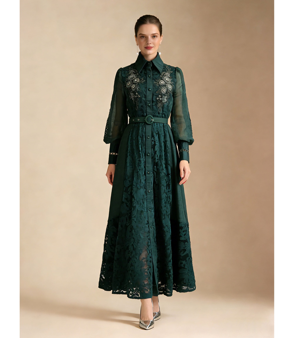Splice style lace spring elegant lapel long dress
