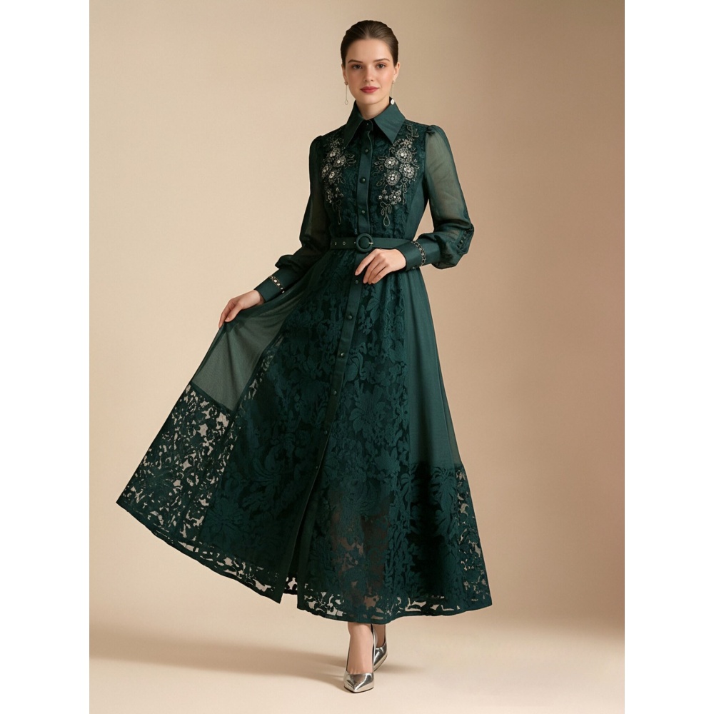 Splice style lace spring elegant lapel long dress