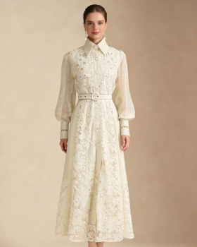 Lapel spring splice style pinched waist long dress