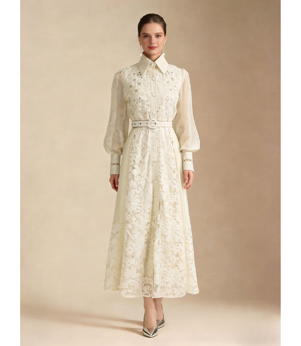 Lapel spring splice style pinched waist long dress