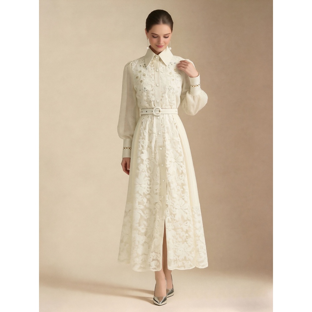 Lapel spring splice style pinched waist long dress