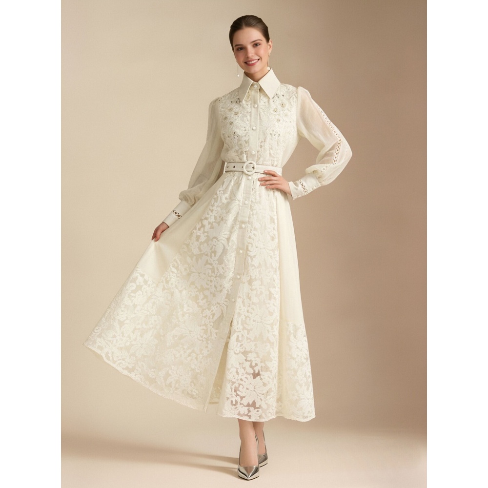 Lapel spring splice style pinched waist long dress