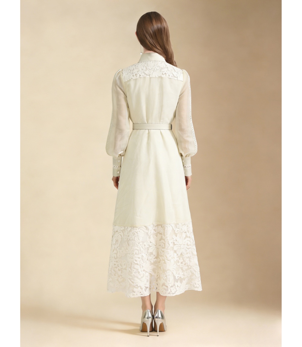 Lapel spring splice style pinched waist long dress