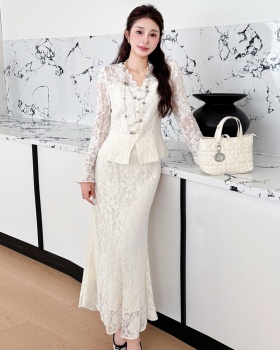 Mermaid rhinestone V-neck elegant skirt 2pcs set