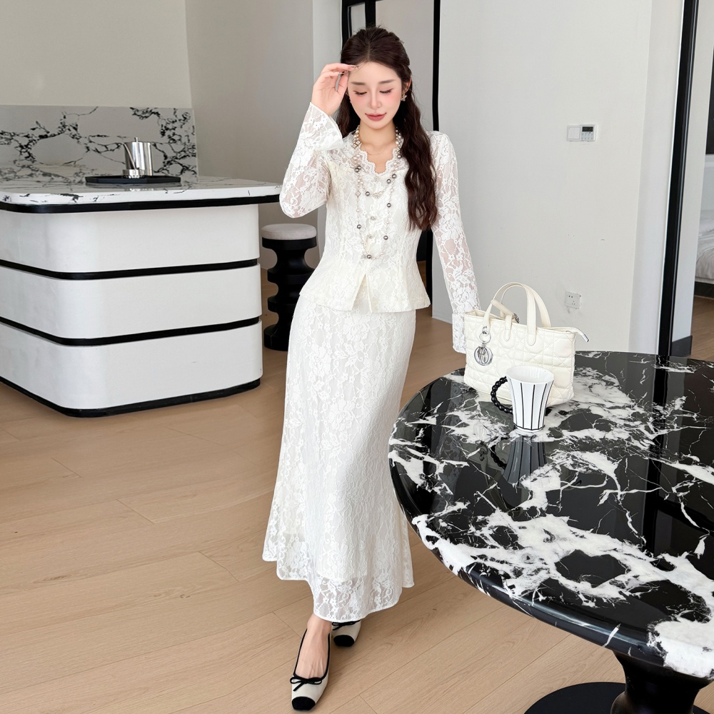 Mermaid rhinestone V-neck elegant skirt 2pcs set