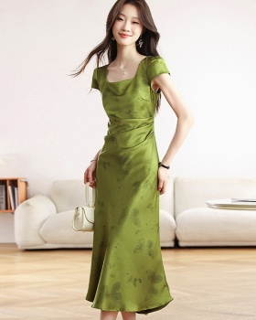 Elegant jacquard square collar summer satin dress