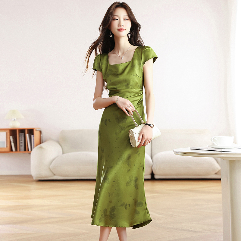 Elegant jacquard square collar summer satin dress