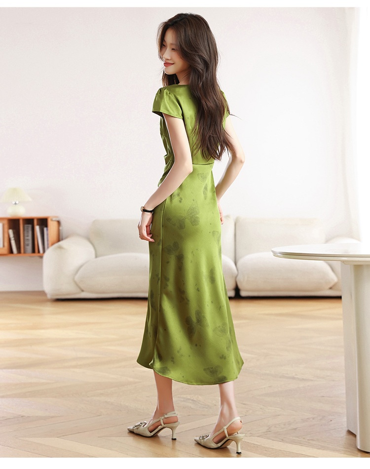 Elegant jacquard square collar summer satin dress