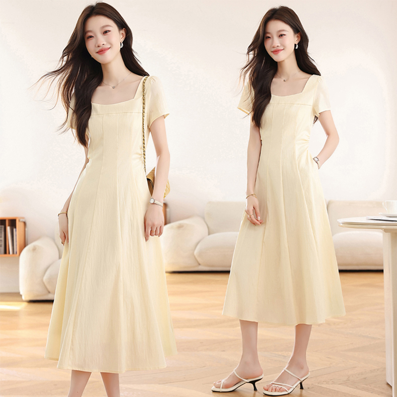 Pinched waist long dress square collar dress for women