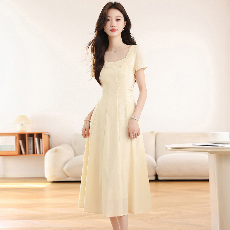 Pinched waist long dress square collar dress for women