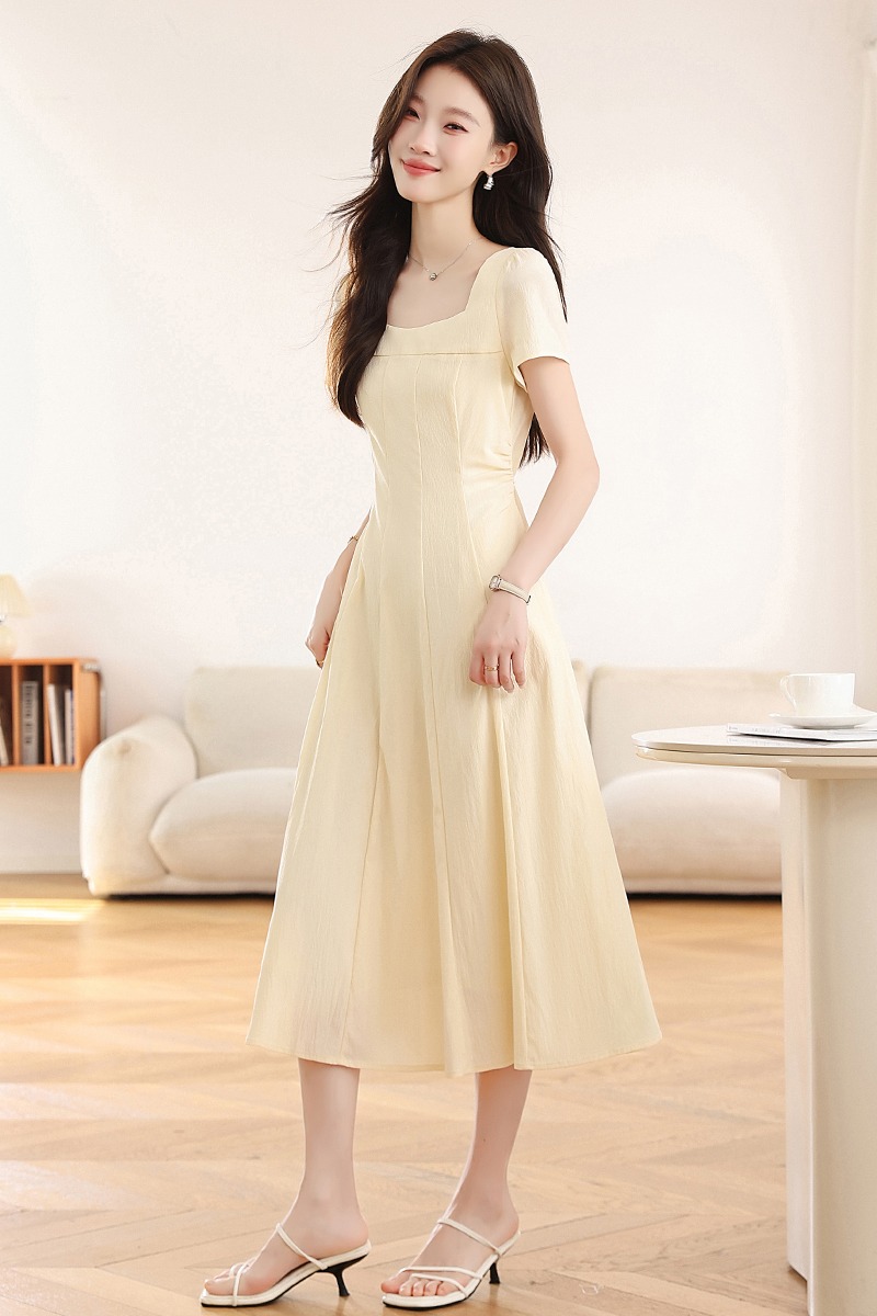 Pinched waist long dress square collar dress for women