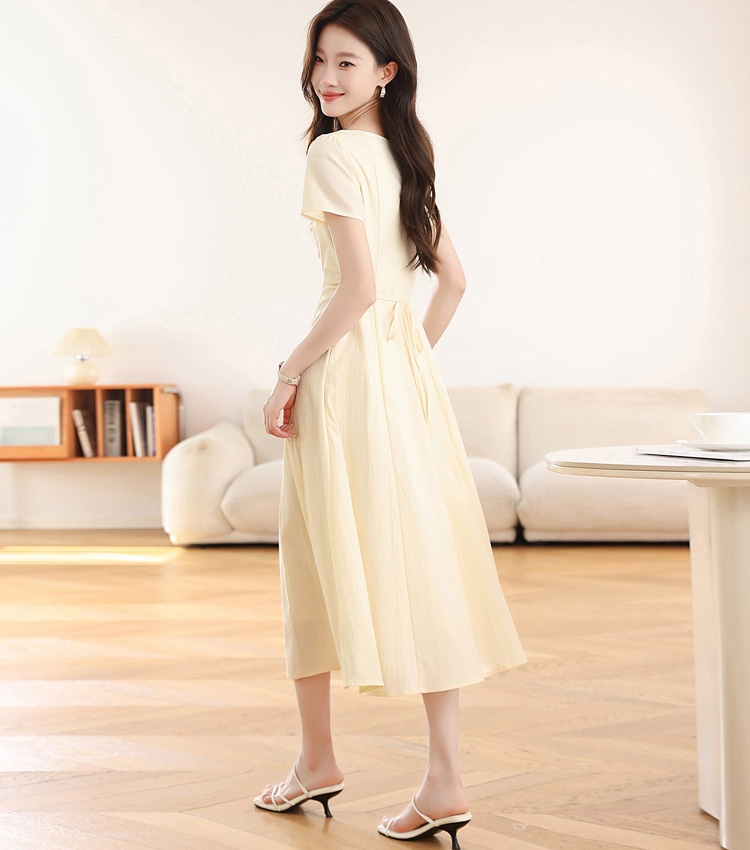 Pinched waist long dress square collar dress for women