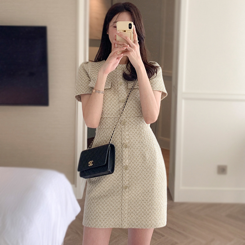 Round neck profession long dress package hip dress