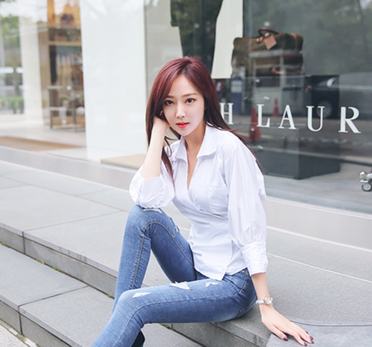 All-match puff sleeve shirt V-neck tops for women
