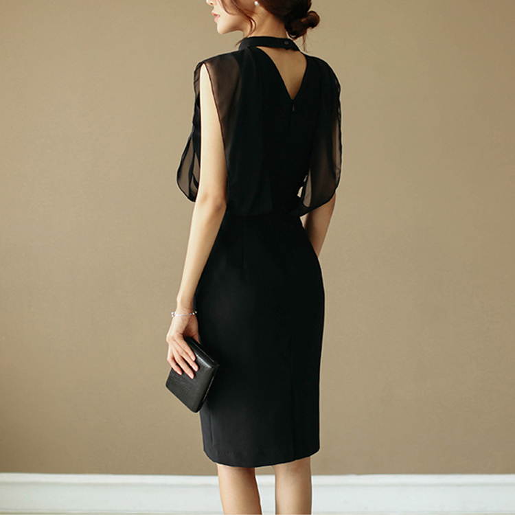 Slim gauze profession summer black splice dress for women