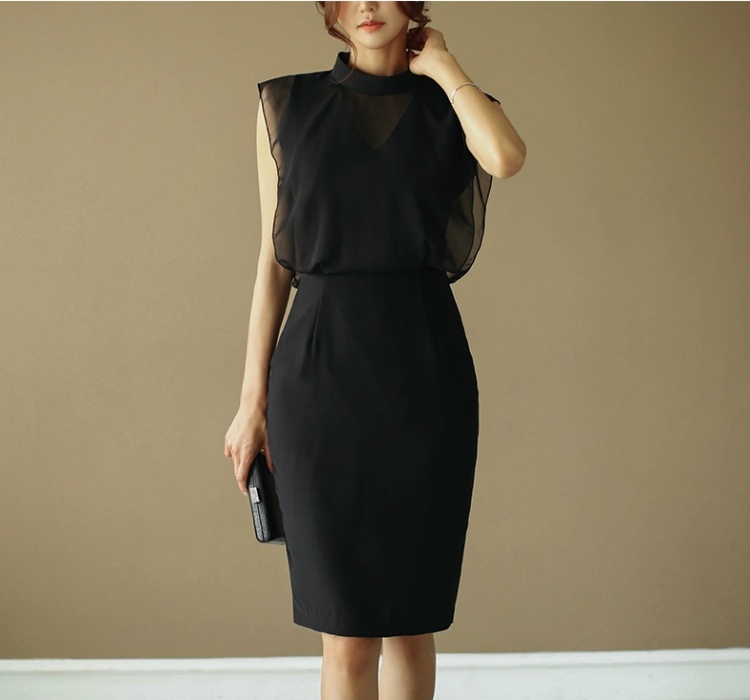 Slim gauze profession summer black splice dress for women