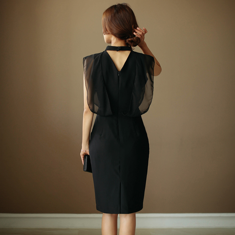 Slim gauze profession summer black splice dress for women