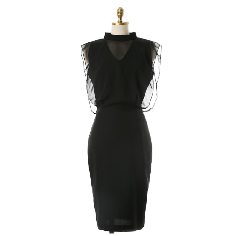 Slim gauze profession summer black splice dress for women