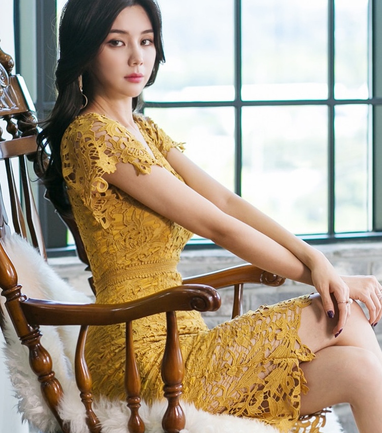 Gauze V-neck long sleeve sexy package hip summer dress