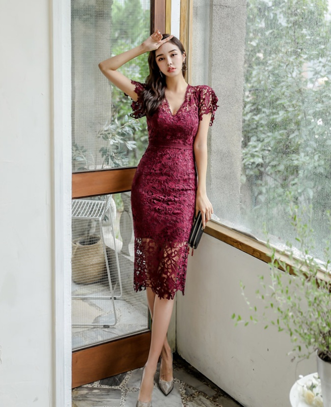 Gauze V-neck long sleeve sexy package hip summer dress