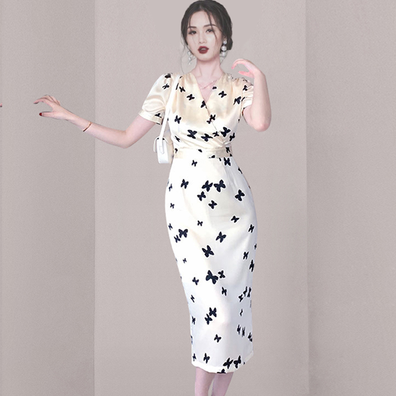 Slim package hip pinched waist chiffon V-neck dress for women