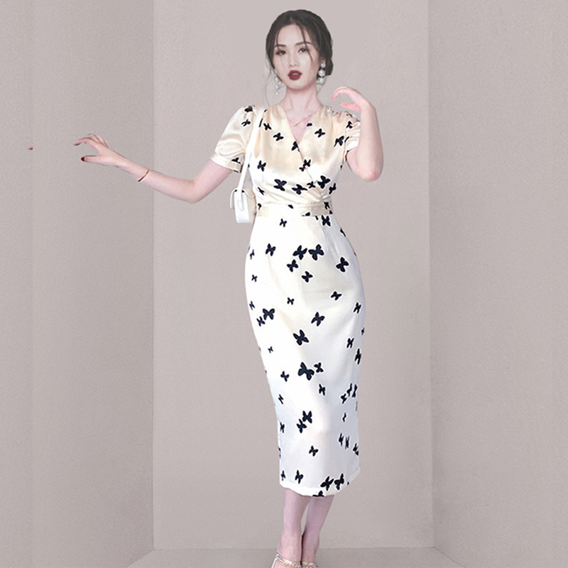 Slim package hip pinched waist chiffon V-neck dress for women