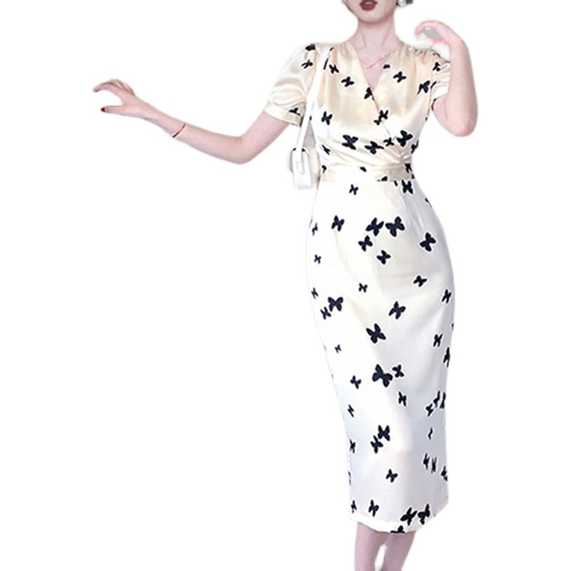 Slim package hip pinched waist chiffon V-neck dress for women