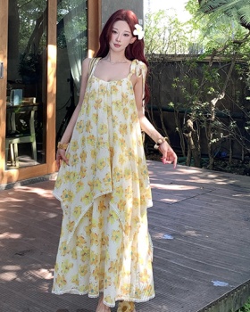 Yellow vacation long dress bandage summer dress for women