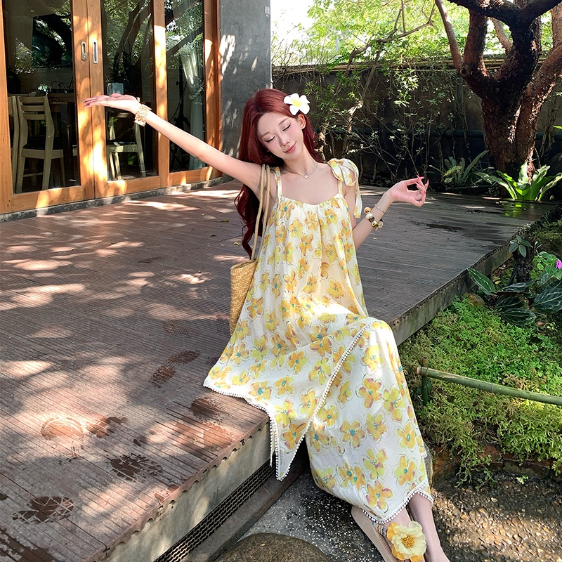Yellow vacation long dress bandage summer dress for women