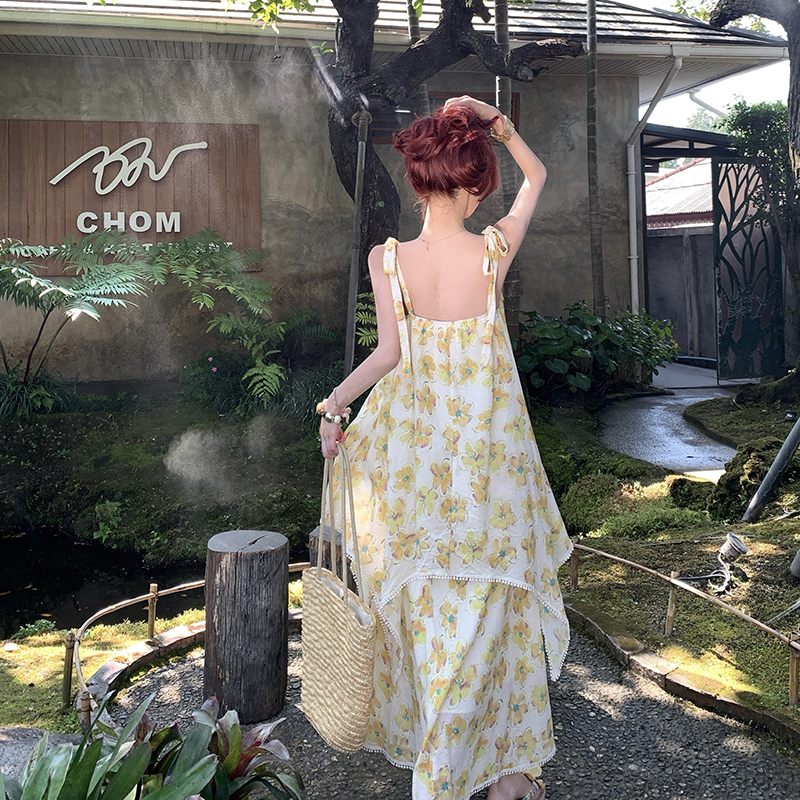 Yellow vacation long dress bandage summer dress for women