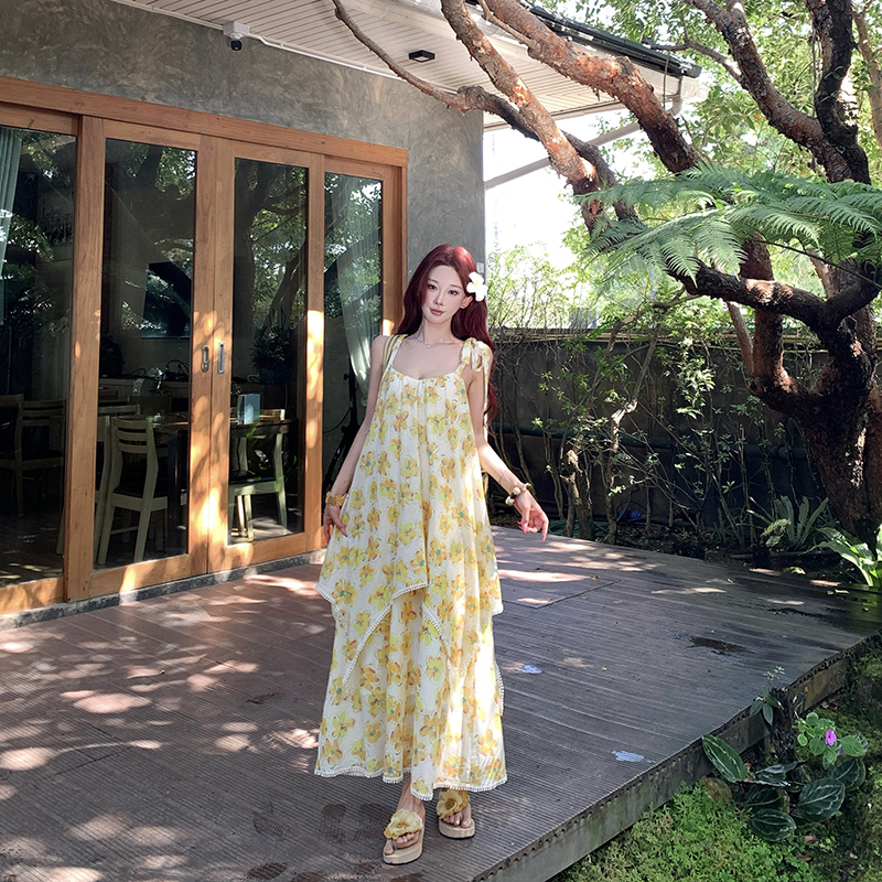 Yellow vacation long dress bandage summer dress for women