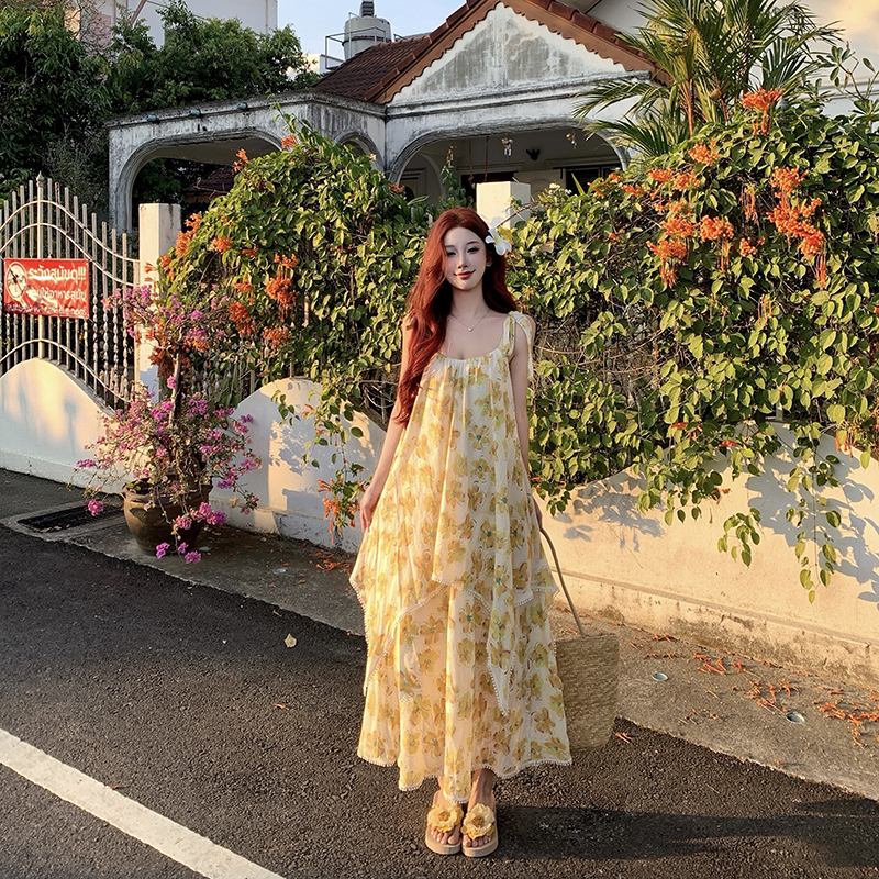 Yellow vacation long dress bandage summer dress for women