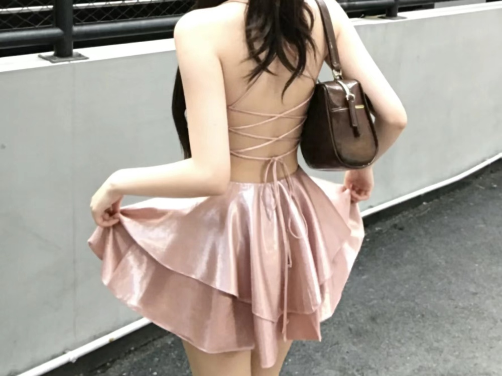 Bandage short halter pink sling dress for women