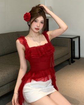 Vacation fashion flowers short red tops for women