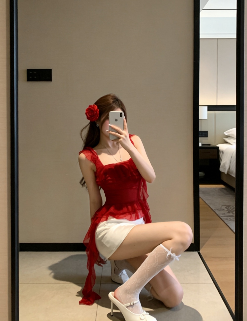 Vacation fashion flowers short red tops for women