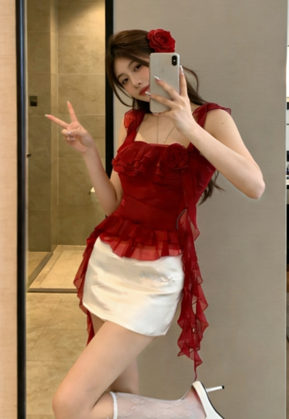 Vacation fashion flowers short red tops for women