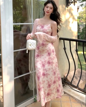 Temperament floral dress blooming cardigan 2pcs set