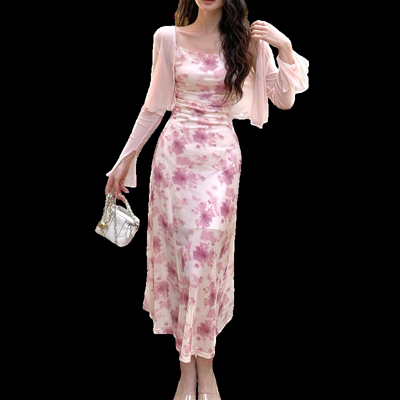 Temperament floral dress blooming cardigan 2pcs set