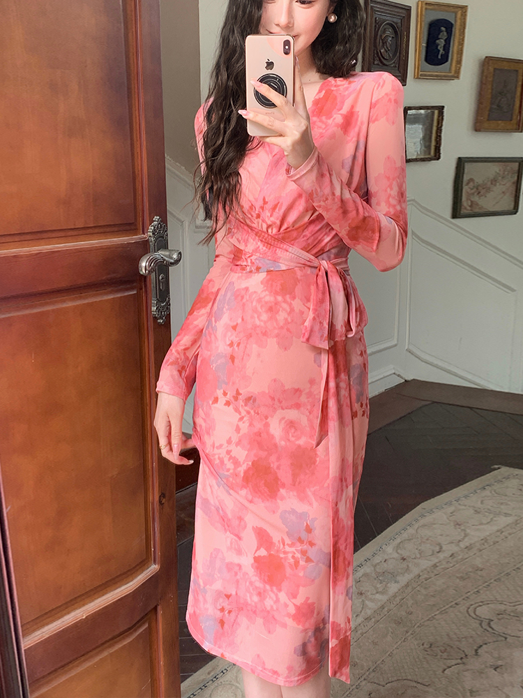 Gauze temperament slim printing dress