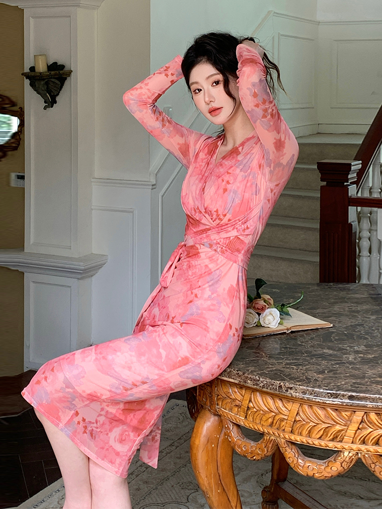 Gauze temperament slim printing dress