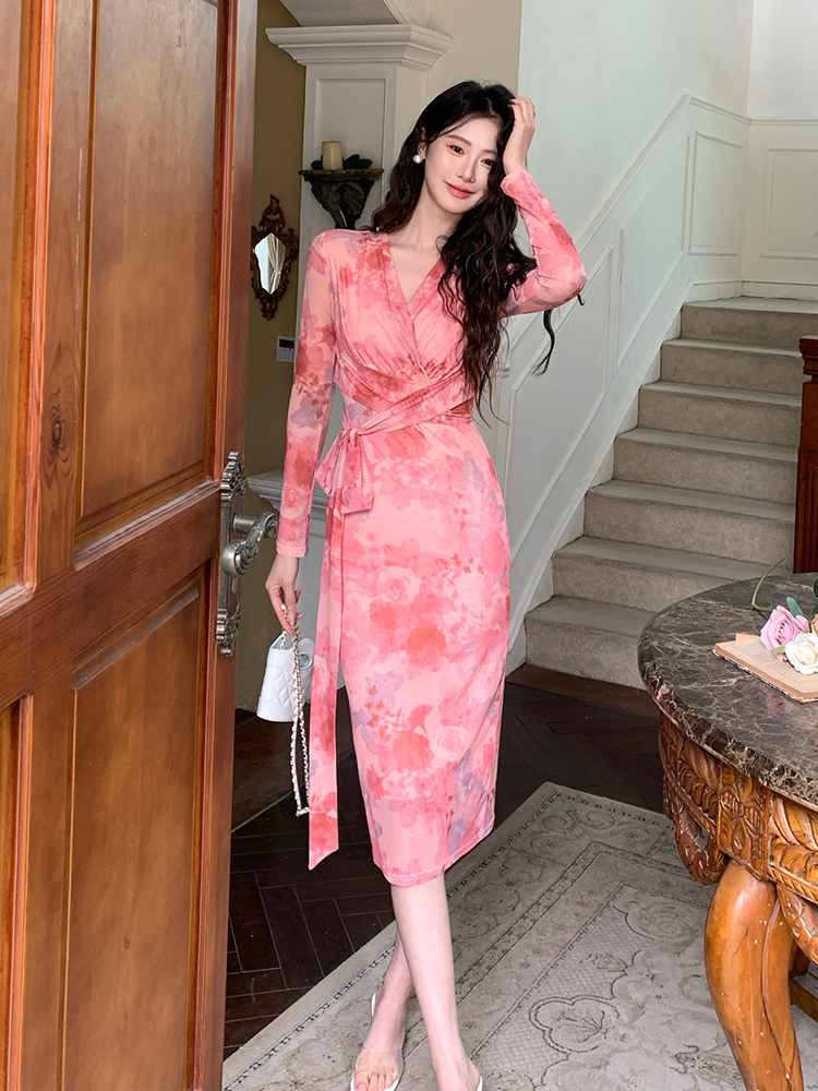 Gauze temperament slim printing dress