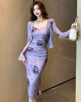 Sling package hip dress fold cardigan 2pcs set