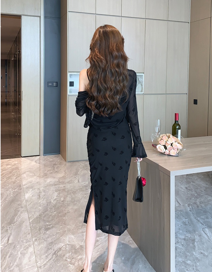 Sling package hip dress fold cardigan 2pcs set