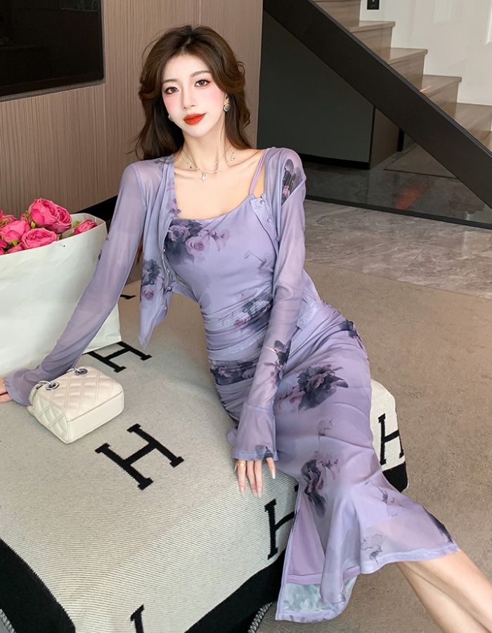 Sling package hip dress fold cardigan 2pcs set