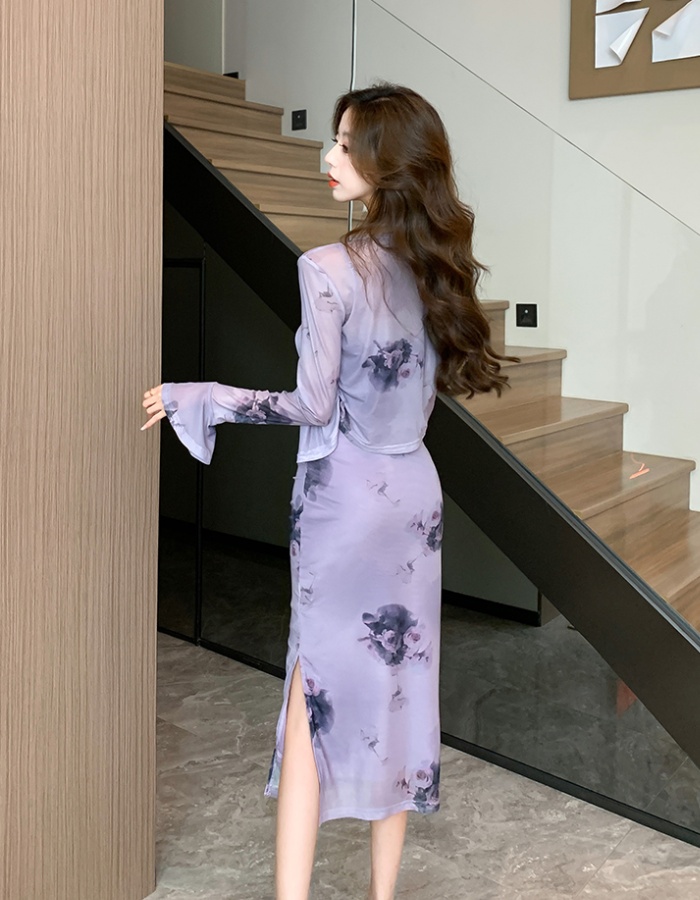 Sling package hip dress fold cardigan 2pcs set